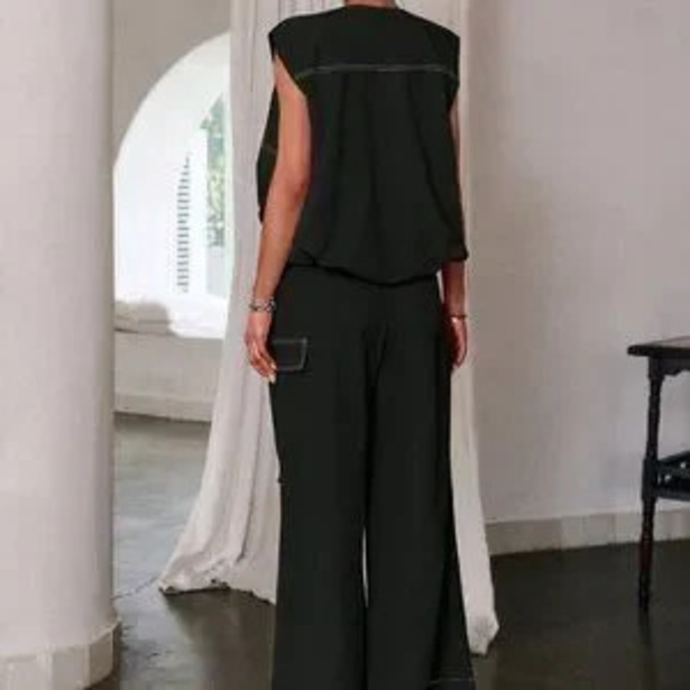 Black Casual Women's Zipper Sleeveless Top & Long Pants coord set - Picture 5 of 5
